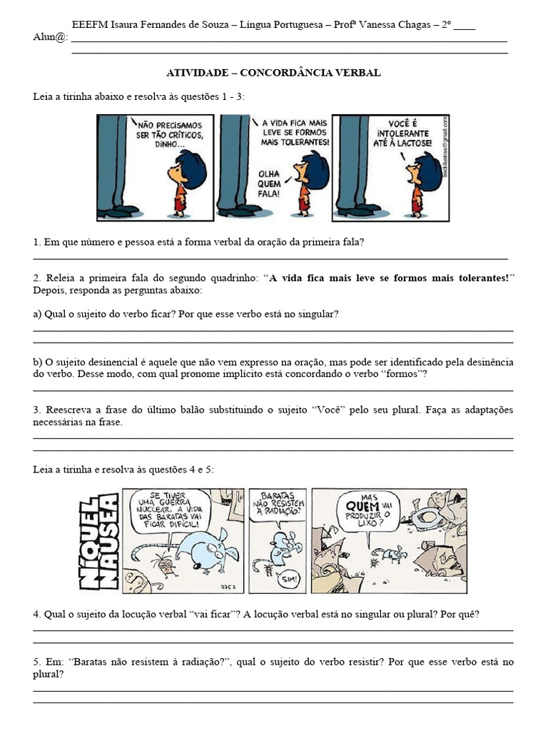 atividades concordância verbal 5 ano com gabarito