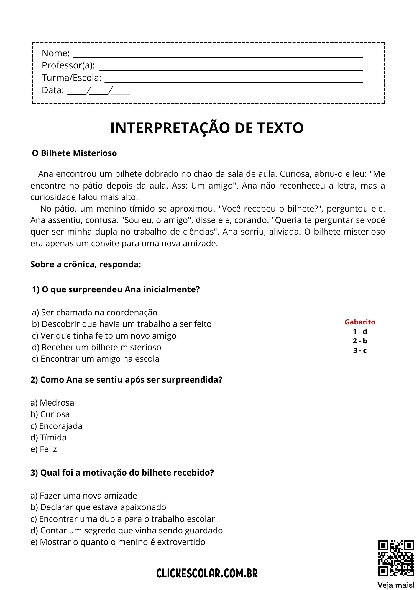 exercícios interpretação texto 7 ano com gabarito