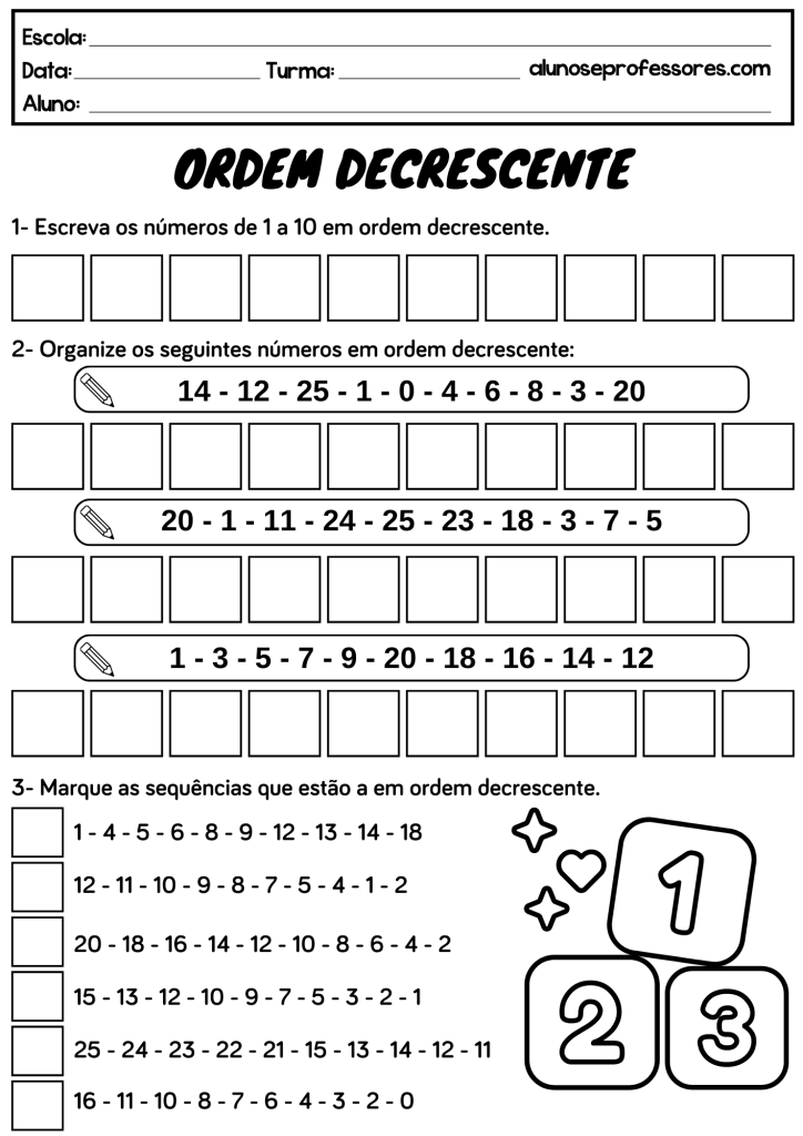 atividades de ordem crescente e decrescente para imprimir 1 ano