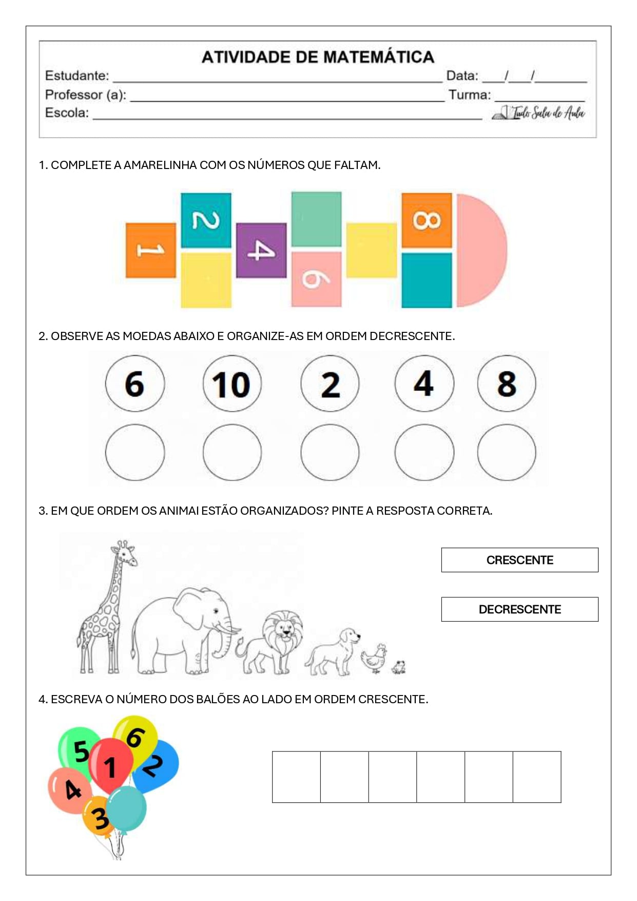 exercícios de ordem crescente e decrescente 1º ano fundamental