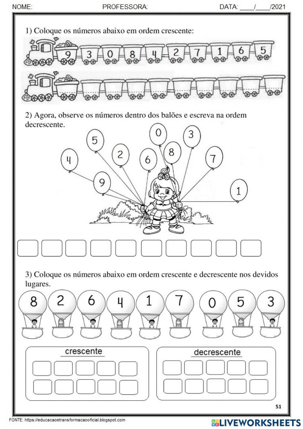 atividades de ordem crescente e decrescente para imprimir 1 ano