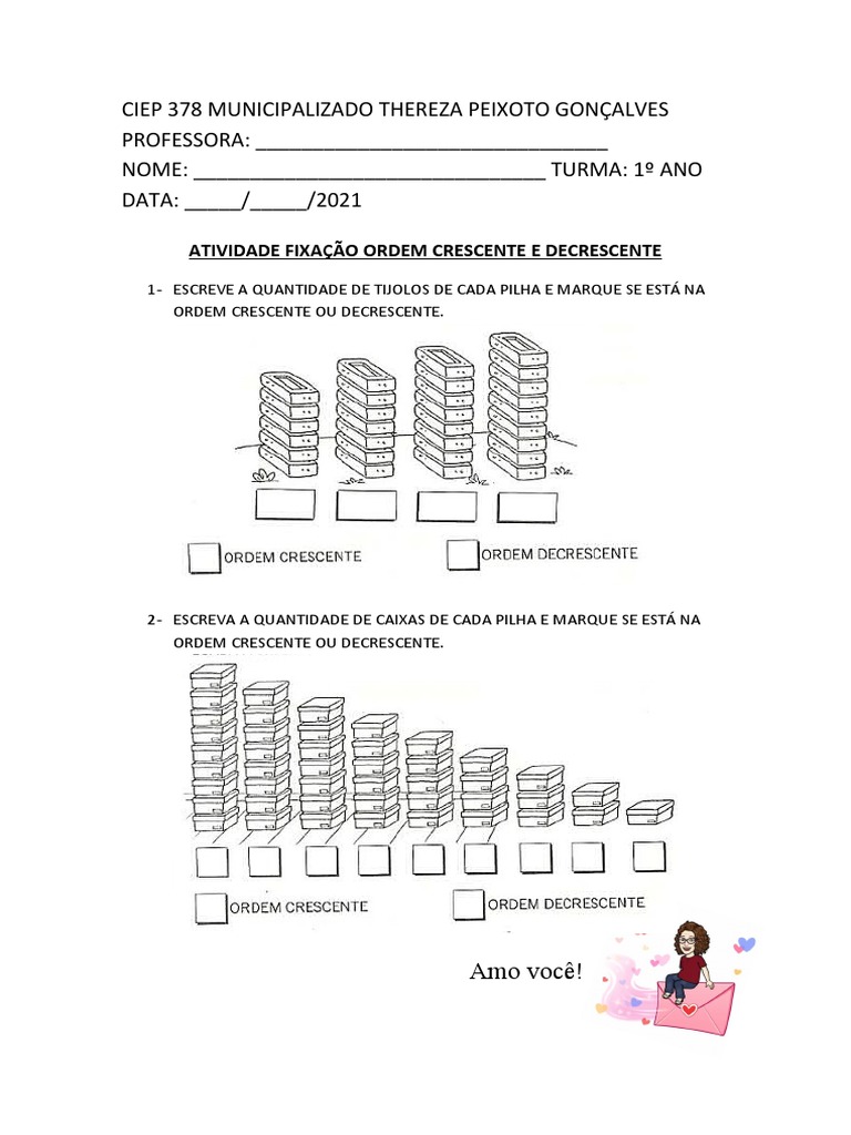 exercícios de ordem crescente e decrescente 1º ano fundamental