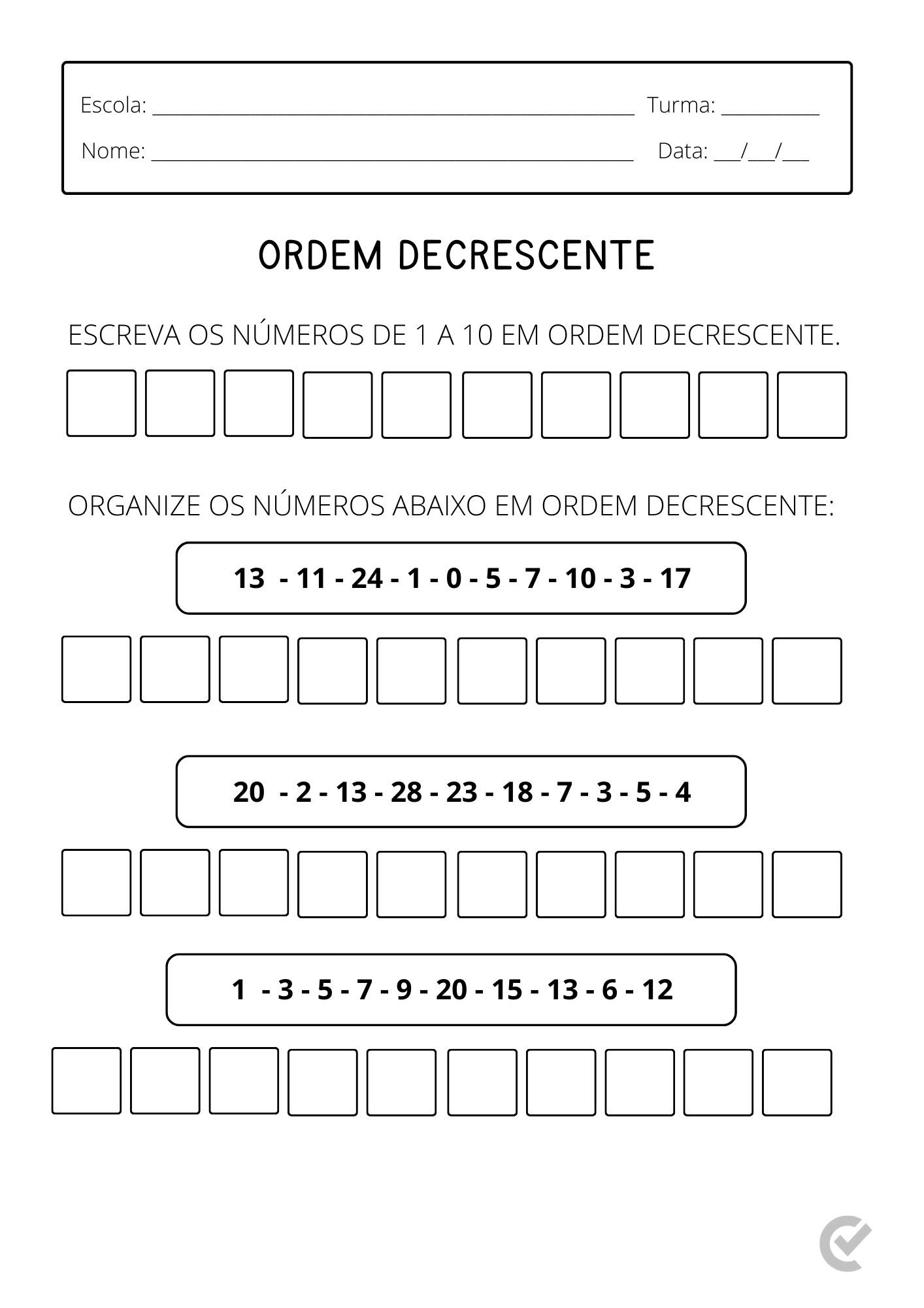 como ensinar ordem crescente e decrescente para crianças