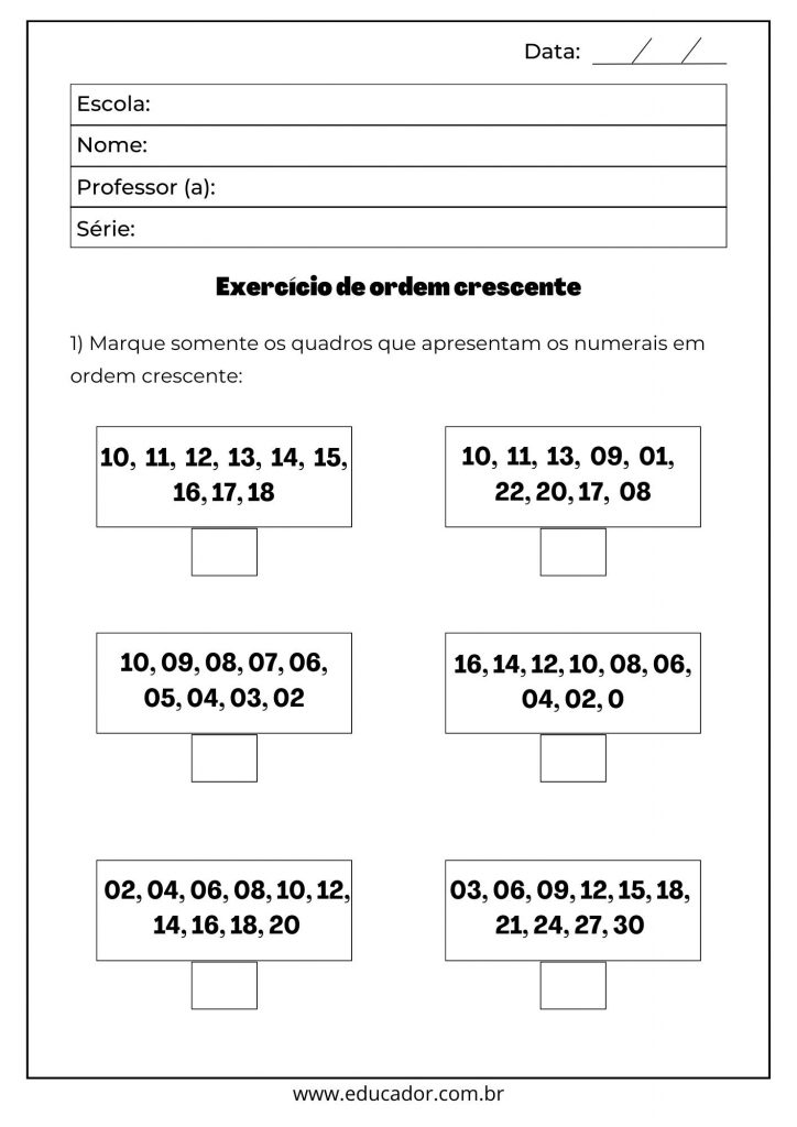 sequência numérica 1º ano atividades