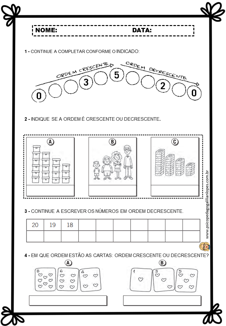 atividades de ordem crescente e decrescente para imprimir 1 ano