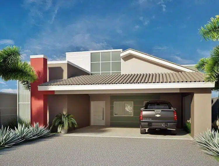 Casa com telhado embutido e varanda