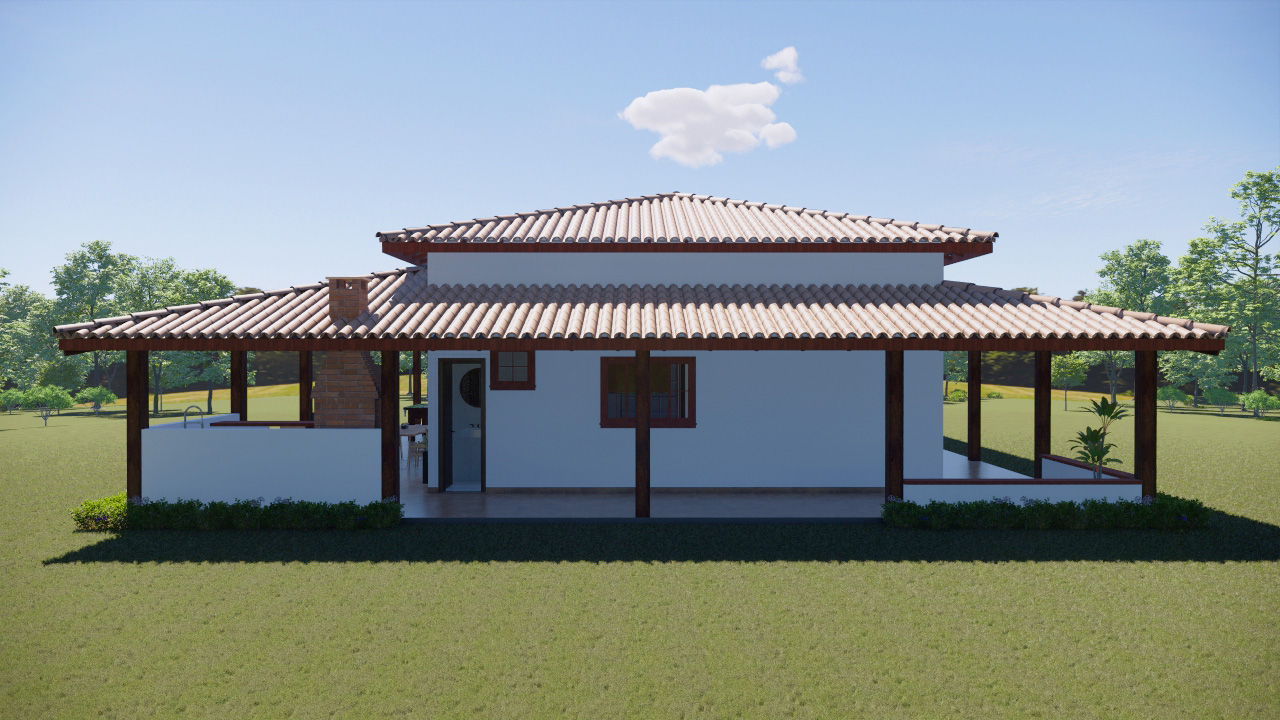 Casa com telhado embutido e varanda