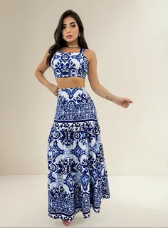Conjunto saia longa e cropped estampado floral