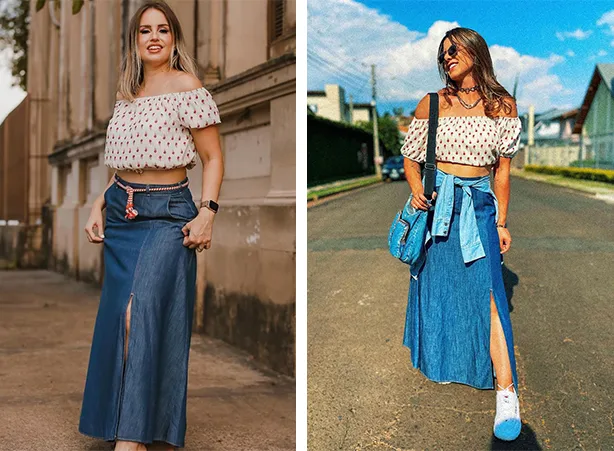 Conjunto saia longa e cropped com fenda