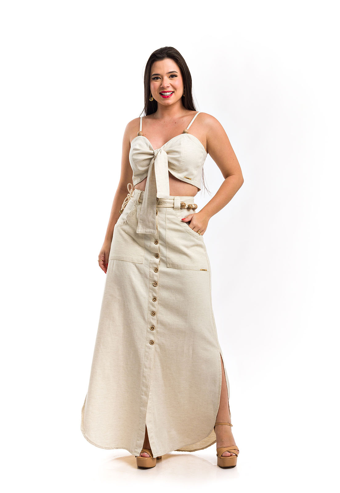 Conjunto saia longa e cropped com amarração