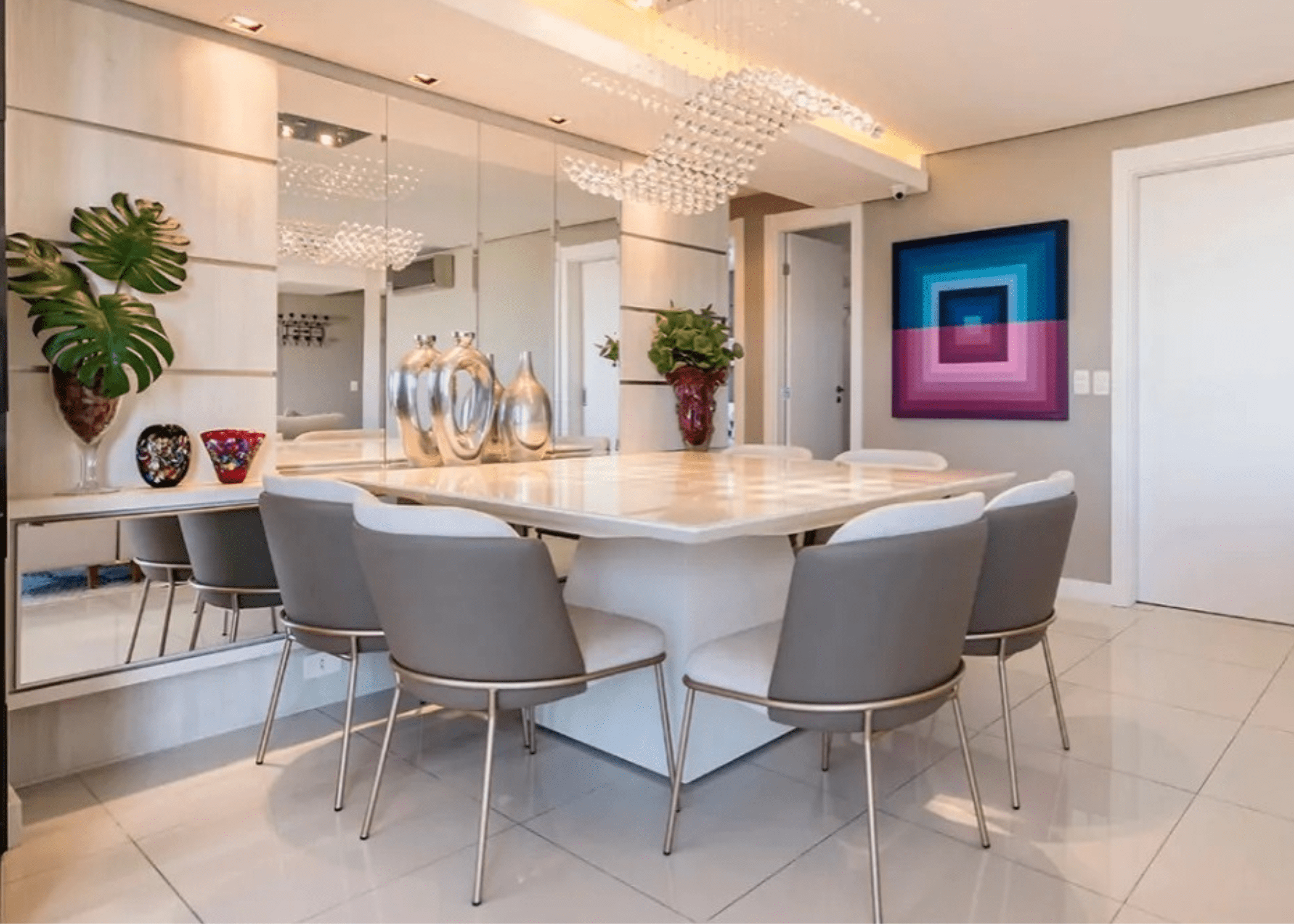 mesa de jantar quadrada 8 lugares com base metálica