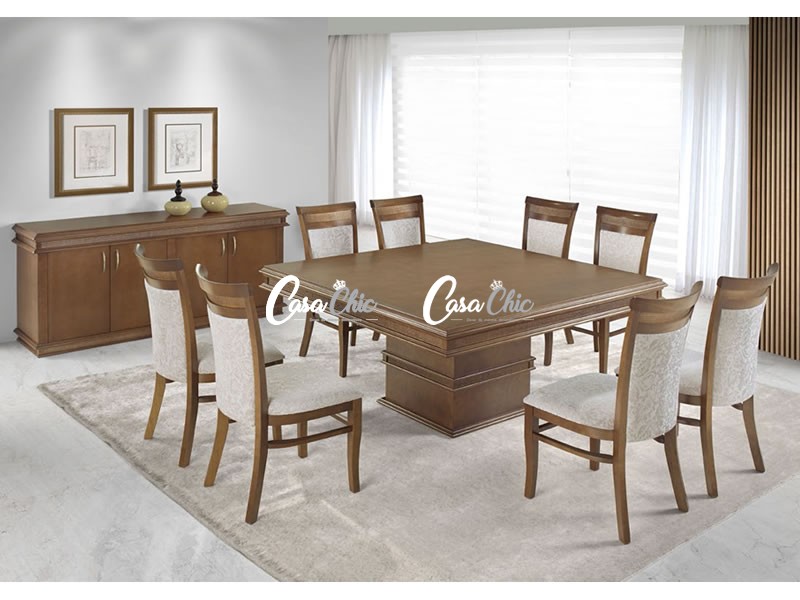 mesa de jantar quadrada 8 lugares com base metálica