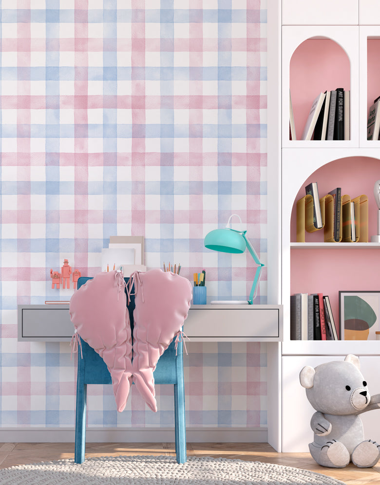 papel de parede quadriculado rosa fosco