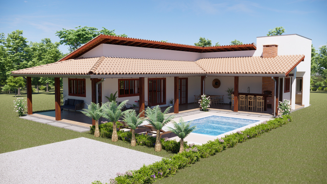 projeto sobrado em L com piscina
