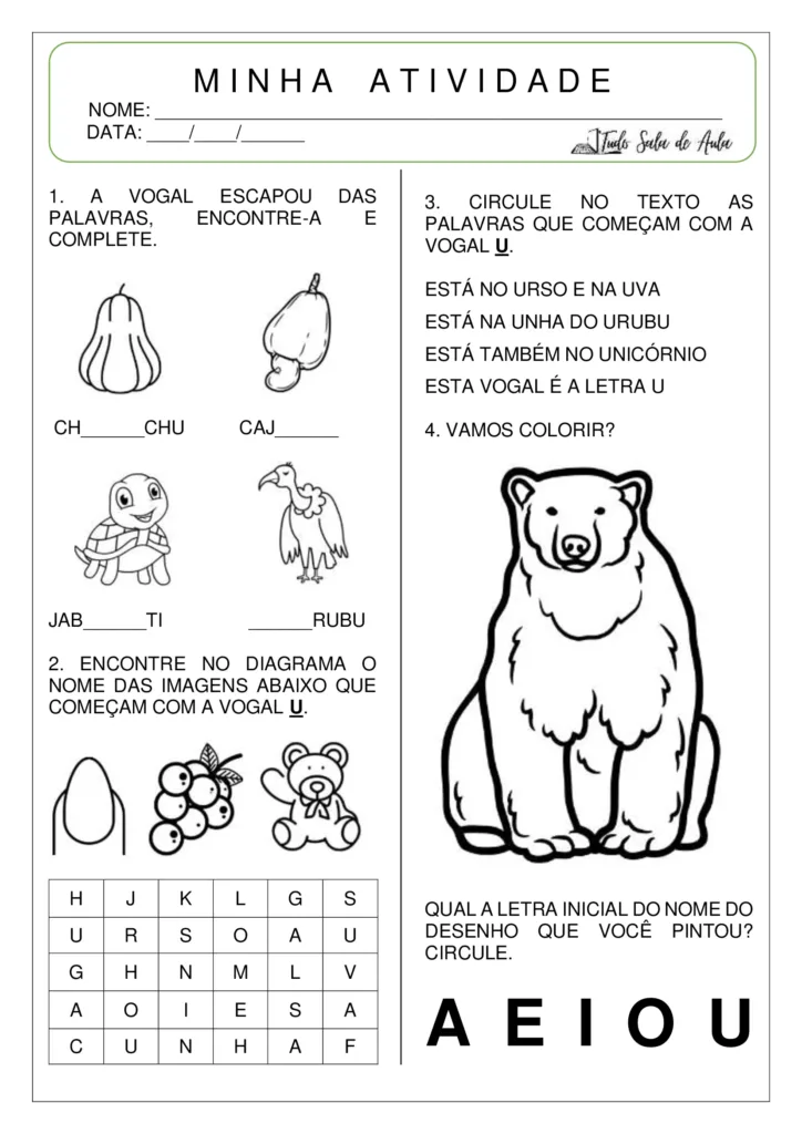 vogal u atividades educação infantil