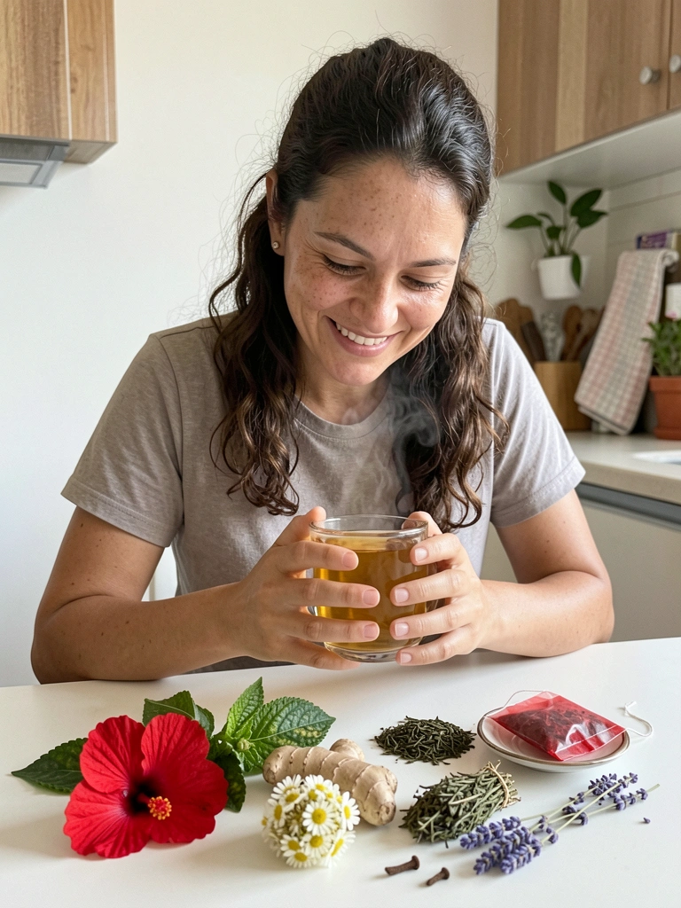 Xícaras de porcelana branca com diferentes chás ao lado de folhas soltas sobre mesa de madeira.