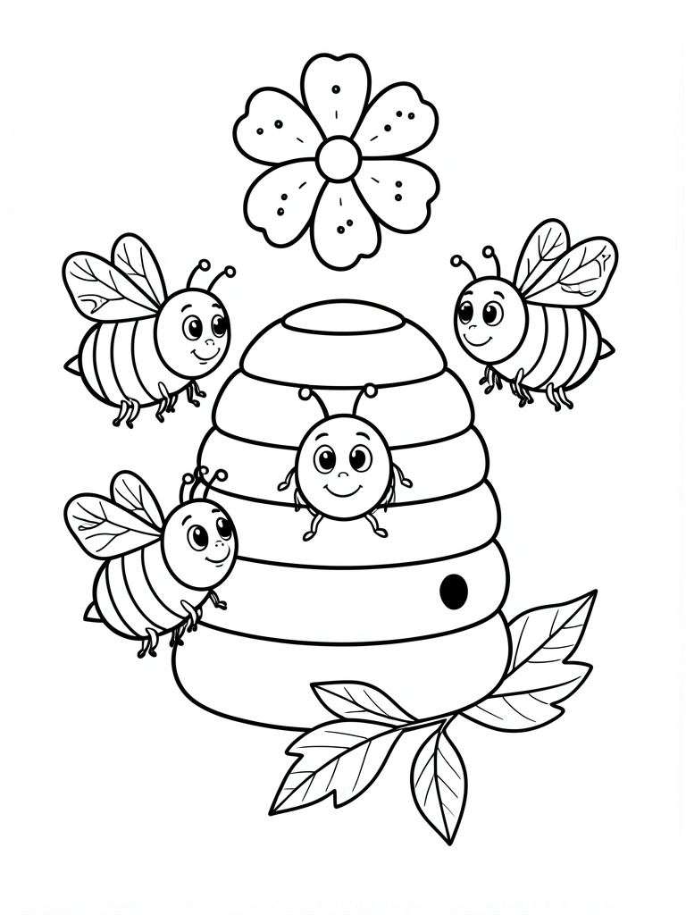 Desenho de abelha sorridente em folha branca, com lápis de cor ao lado.