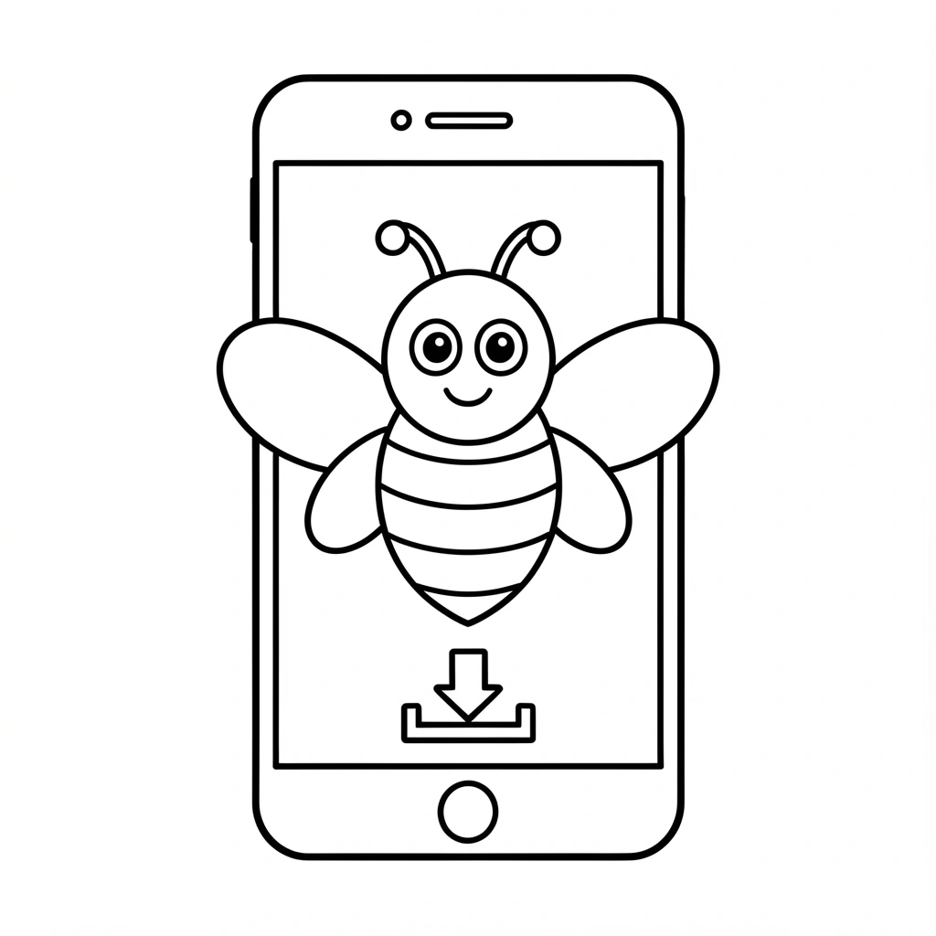 Tela de celular com botão de download sobre ilustração de abelha em preto e branco.