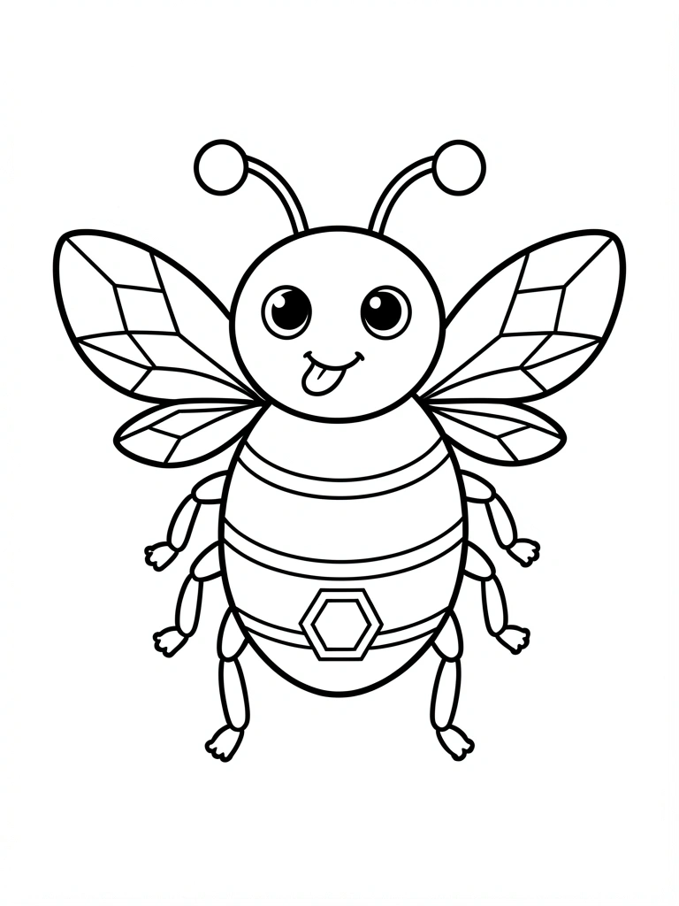 Desenho de abelha em preto e branco com listras no corpo e asas abertas, contornado por linhas grossas.