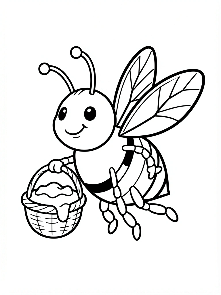 Desenho de abelha em preto e branco com asas abertas e listras no corpo, sobre fundo branco.