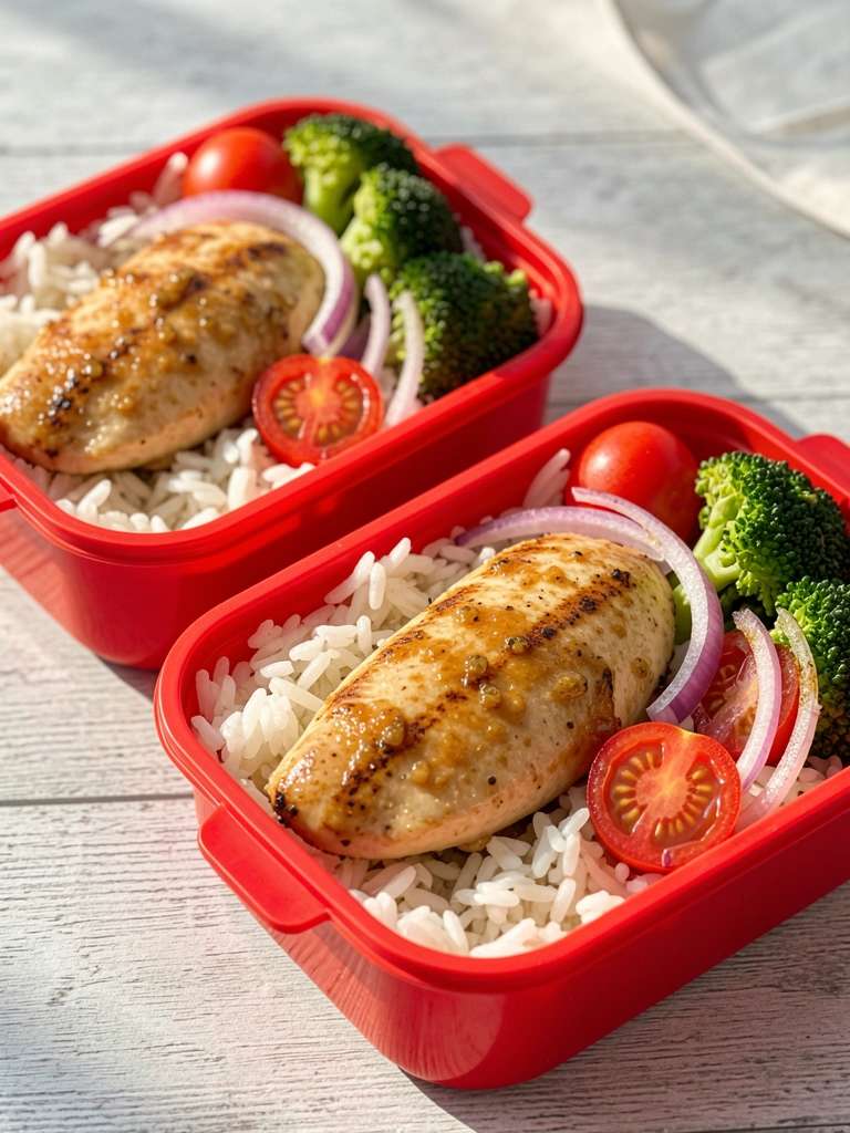 Três potes plásticos vermelhos com frango grelhado, arroz branco, brócolis, tomates-cereja e cebola roxa, em superfície de madeira cinza-claro com luz natural.