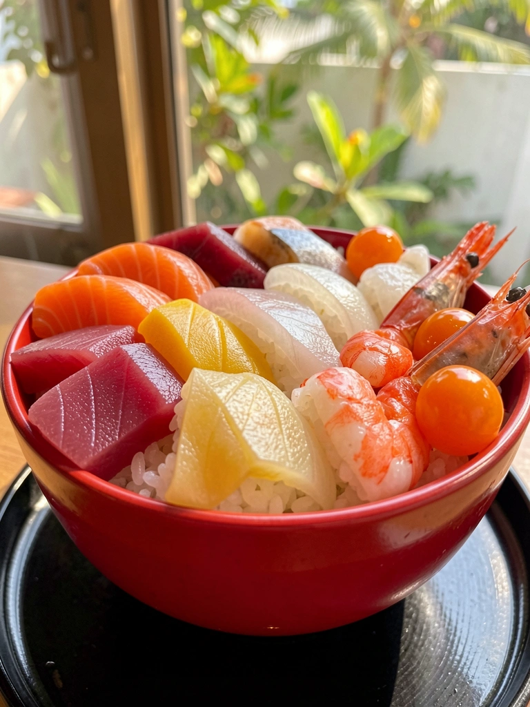 Tigela de cerâmica vermelha com sushi variado sobre pires preto brilhante, luz natural filtrada por folhagens.