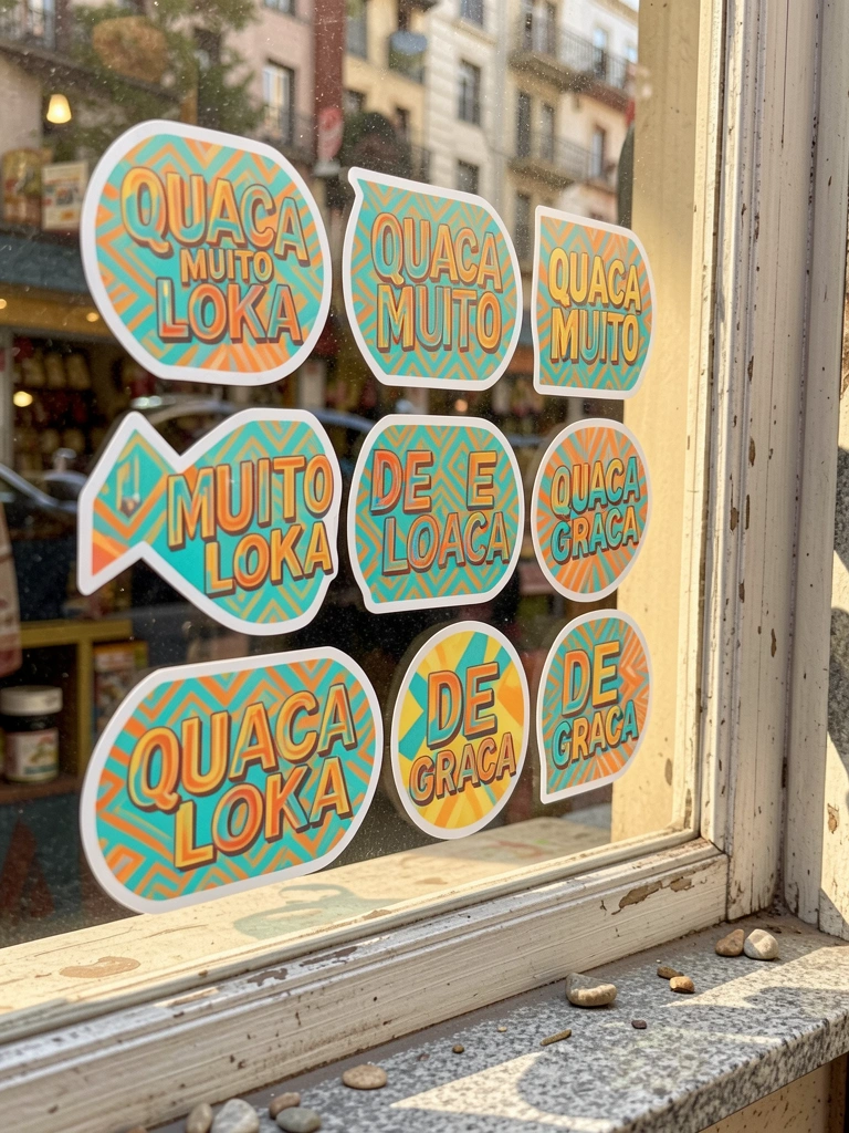 Adesivos vibrantes em tons de turquesa, laranja e amarelo colados em vidro de vitrine envelhecida, com reflexo de rua e luz natural entrando.