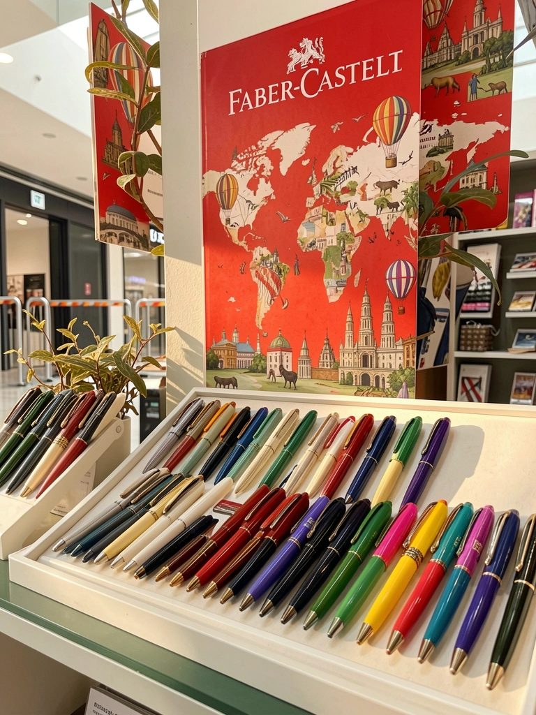 Prateleira com estande de canetas Faber-Castell coloridas ao lado de cartaz vermelho de mapa-múndi, luz natural e folhagem ao fundo.