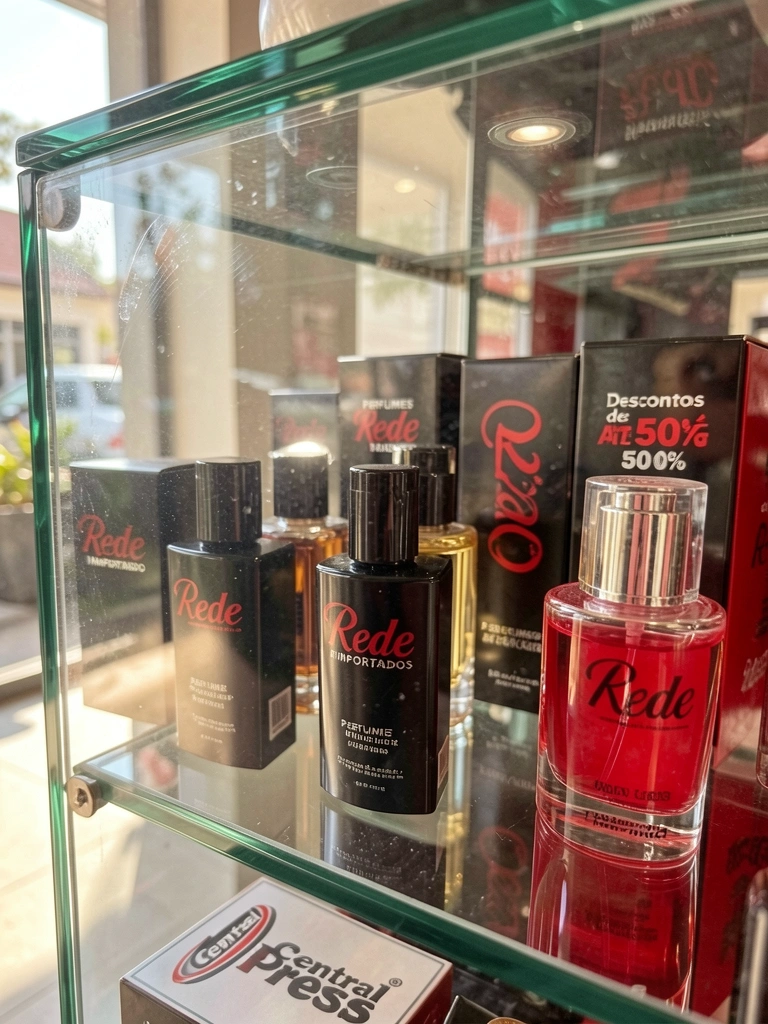 Vidro refletivo de vitrine exibe frascos de perfume pretos e vermelhos e placa 