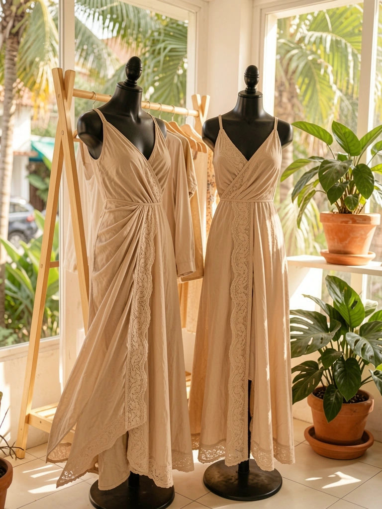 Dois manequins pretos com vestidos bege de renda, cabideiro de madeira ao fundo, planta em vaso de terracota na prateleira, luz natural difusa.