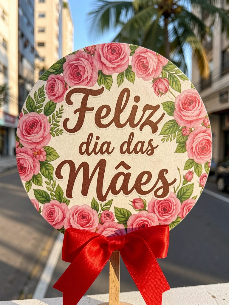 Placa redonda com rosas e folhagens verdes, texto 