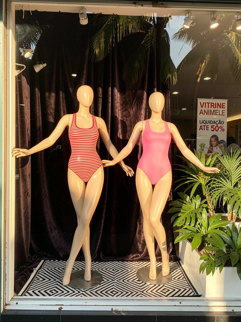 Manequins em vitrine exibindo maiôs listrados vermelho e rosa, braços abertos em pose de dança, tapete preto e branco e plantas verdes à direita, sob luz solar quente.