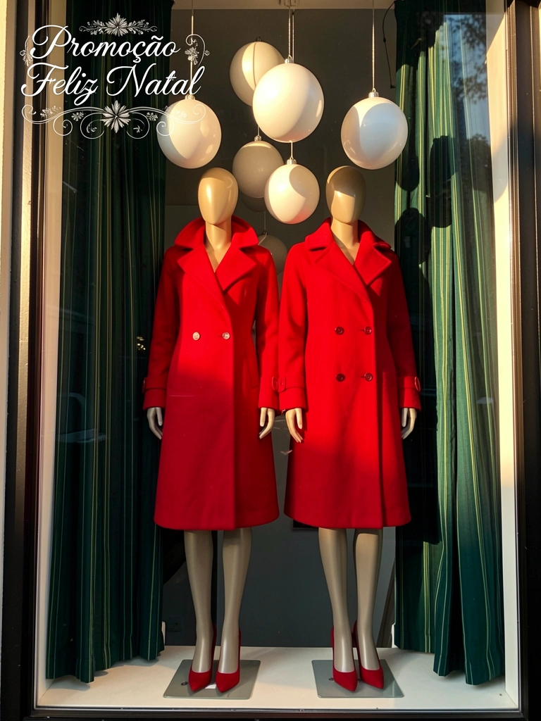 Manequins com casaco vermelho e salto, enfeites de Natal brancos pendurados refletem luz, cortina verde escura e letreiro 