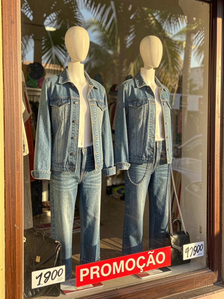 Dois manequins em jaquetas e calças jeans em vitrine, refletores de luz natural, faixa vermelha 