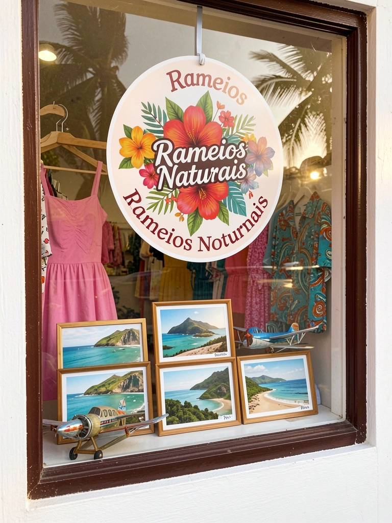 Vitrine branca com moldura escura exibe adesivo floral circular, postais de praias brasileiras, vestido rosa e avião decorativo.