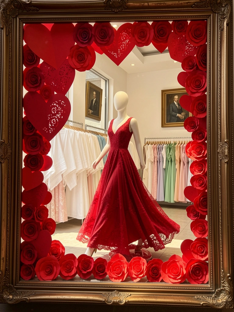 Manequim sem cabeça em vestido carmesim rendado correndo em loja, vitrine com corações de papel vermelho e luz natural.