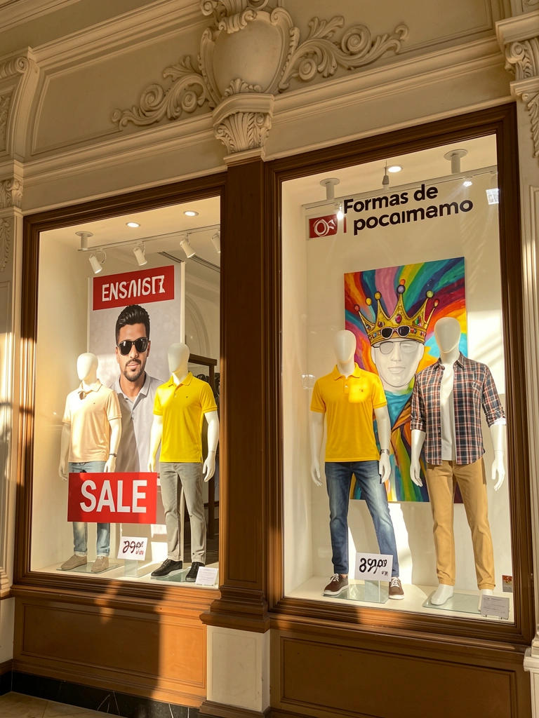 Vitrines de shopping com manequins em camisa xadrez e polo amarela, pintura abstrata com coroa à direita, banner 
