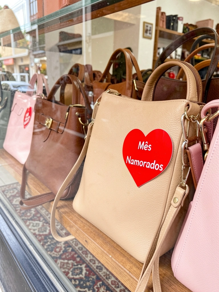 Vitrine com bolsas de couro marrom, bege e rosa claro em prateleira de madeira, adesivo vermelho 