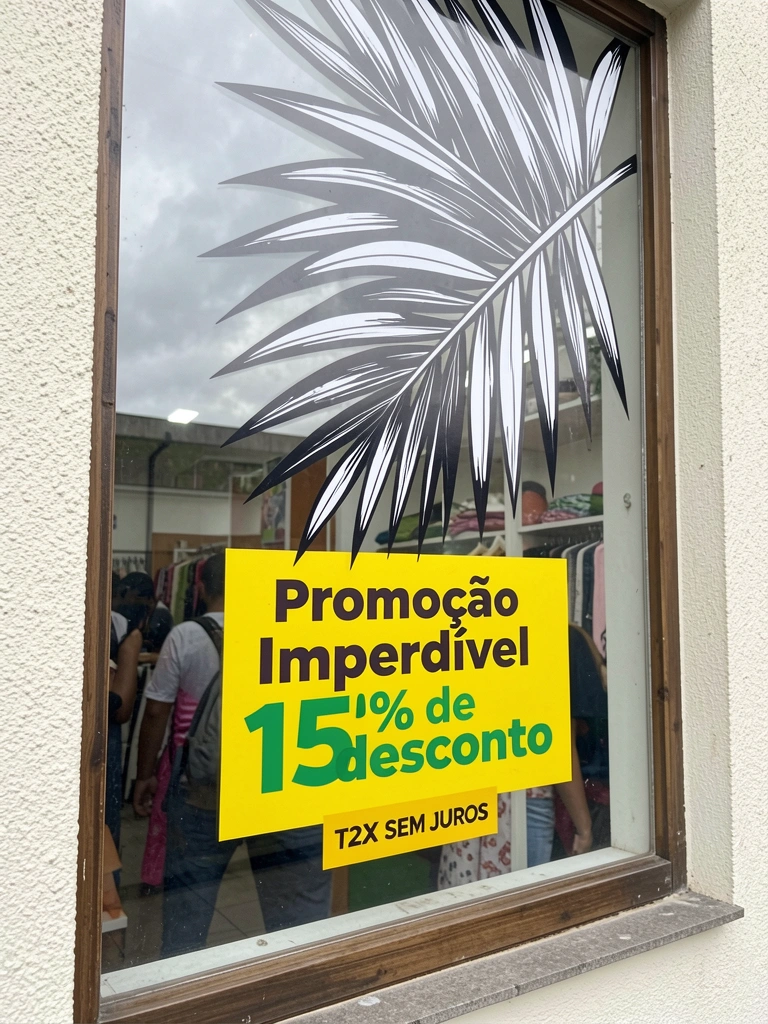 Vitrine de loja com adesivo de folha de palmeira em preto e branco, placa amarela 