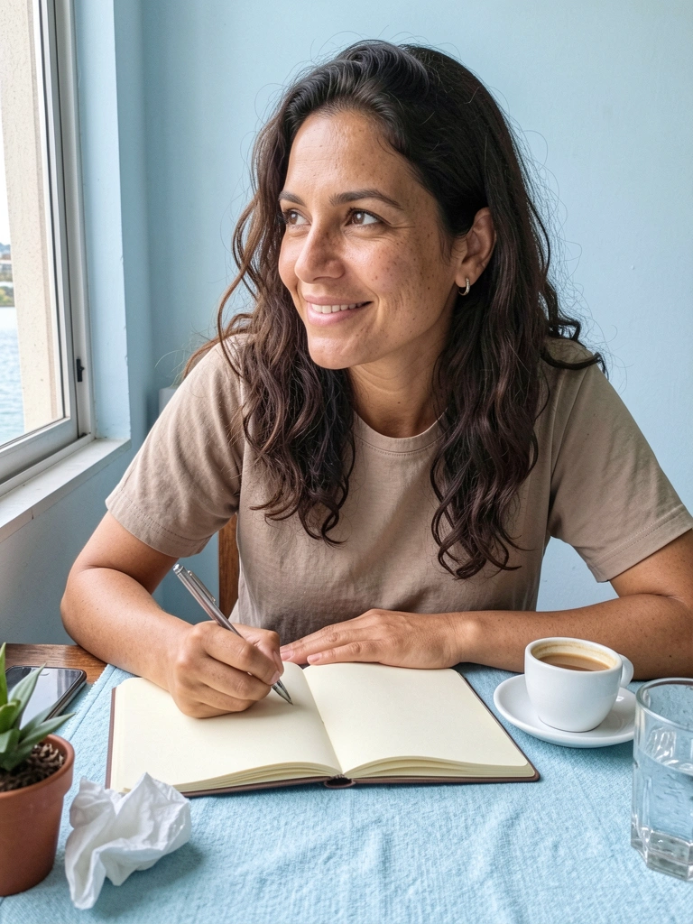 Pessoa escrevendo em um caderno aberto sobre uma mesa, com uma xícara de café ao lado.