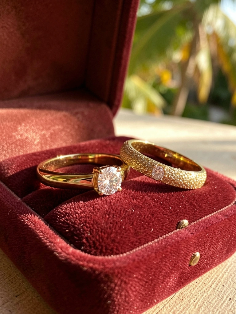Alianças de ouro com diamantes em estojo aveludado, luz natural realça brilho e texturas.