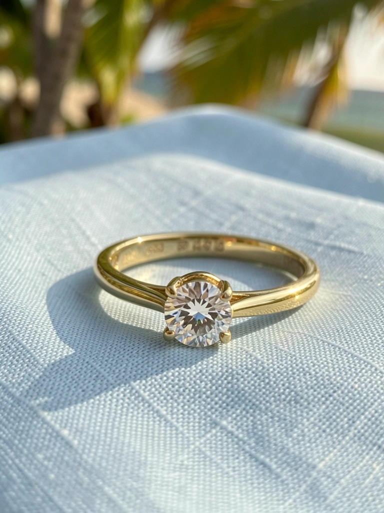 Anéis de ouro, um solitário com diamante e uma aliança, sobre linho azul-claro, luz natural e fundo desfocado.