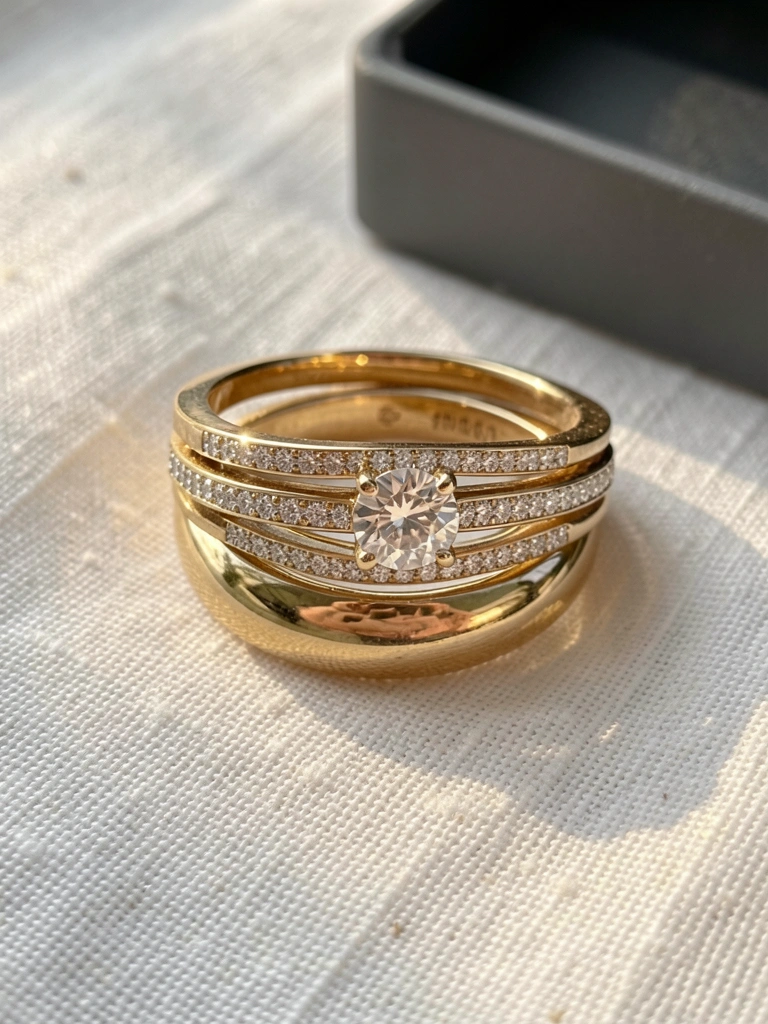 Anéis de ouro com diamantes sobre linho branco texturizado, luz natural destacando os brilhos e detalhes do metal.