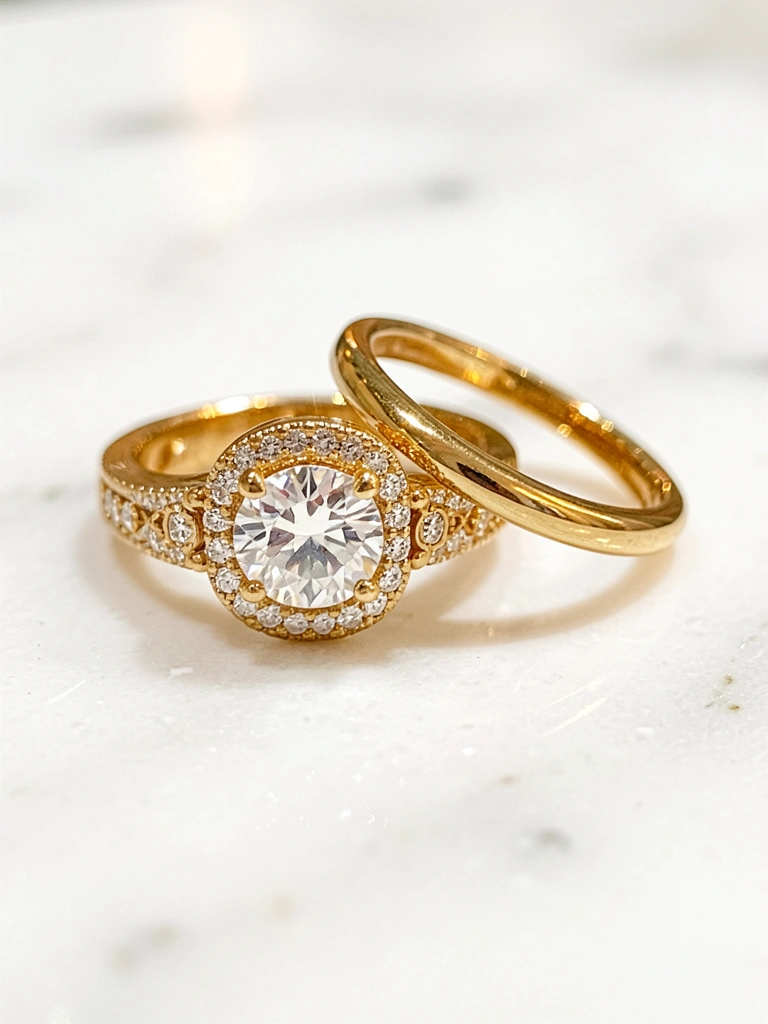 Dois anéis de ouro, um com diamante central e pedras menores, sobre mármore branco com reflexos de luz.