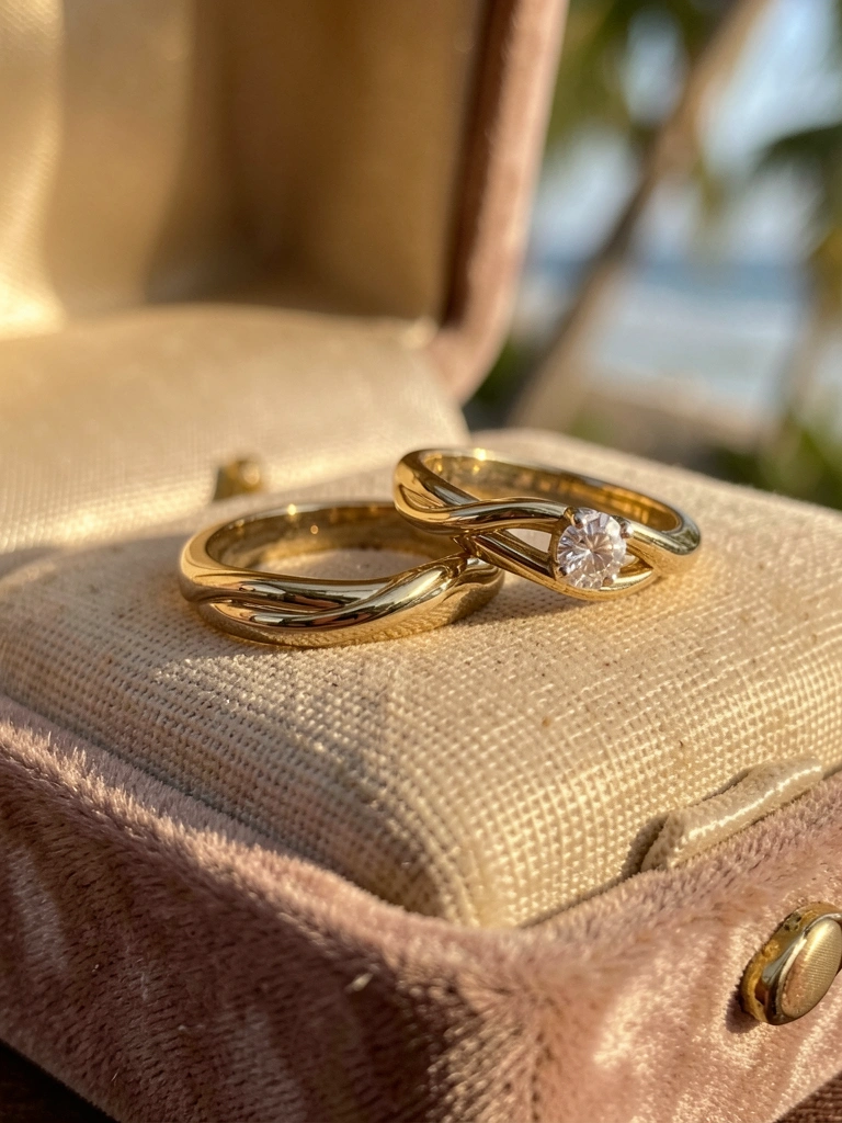 Duas alianças de ouro, uma com diamante, sobre veludo bege em caixa de cetim, luz natural quente.