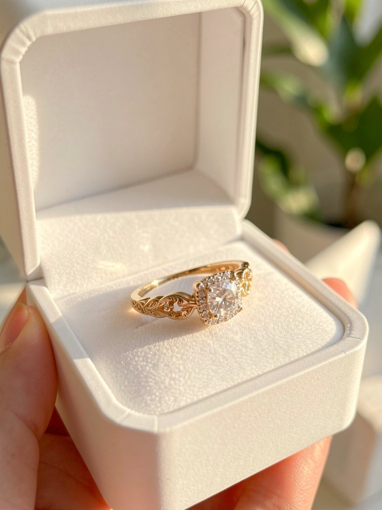 Anel de noivado com diamante central e aliança de ouro em estojo branco aberto, luz natural e mão segurando a tampa.