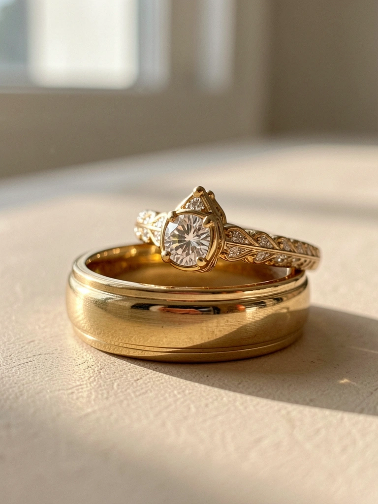 Anéis de noivado e alianças de ouro em superfície bege clara, luz solar difusa destacando o brilho do diamante e as texturas do metal.