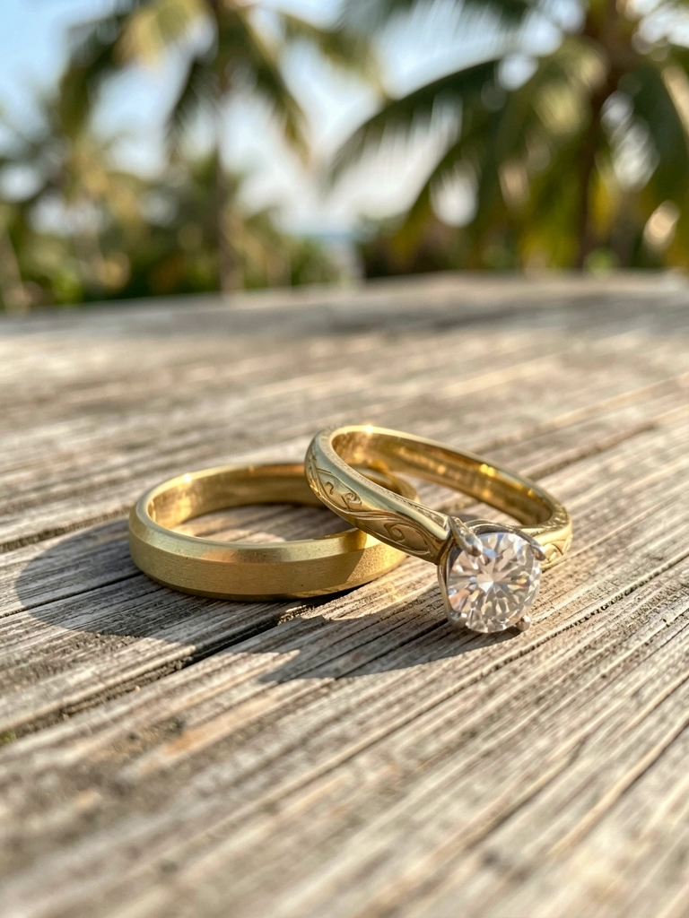 Alianças de ouro e anel de diamante sobre madeira desgastada, luz natural suave e fundo desfocado.