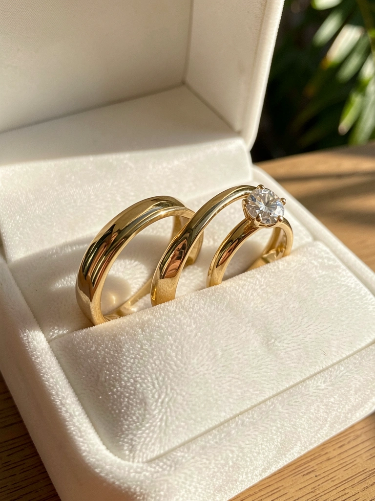 Três anéis de ouro em veludo branco, o maior com diamante brilhante, luz natural suave com sombras.