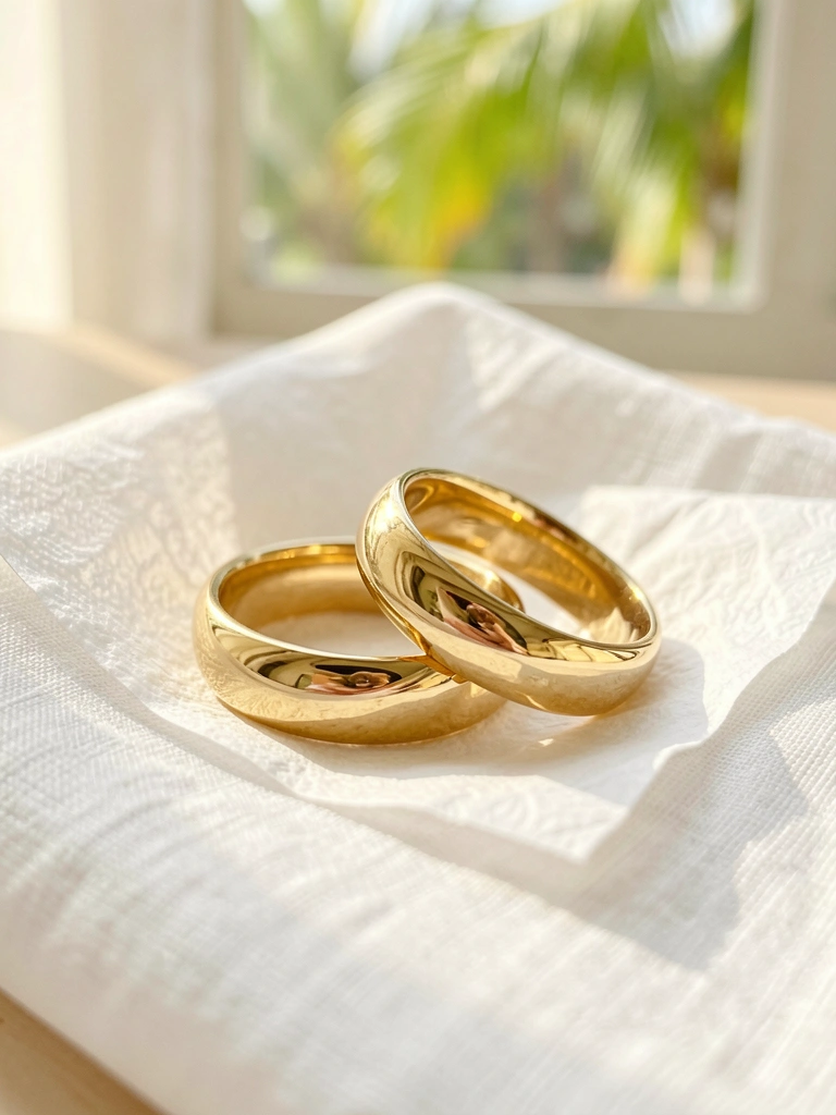 Dois anéis de ouro polido entrelaçados sobre pano de linho branco, com luz natural difusa e fundo suavemente desfocado.